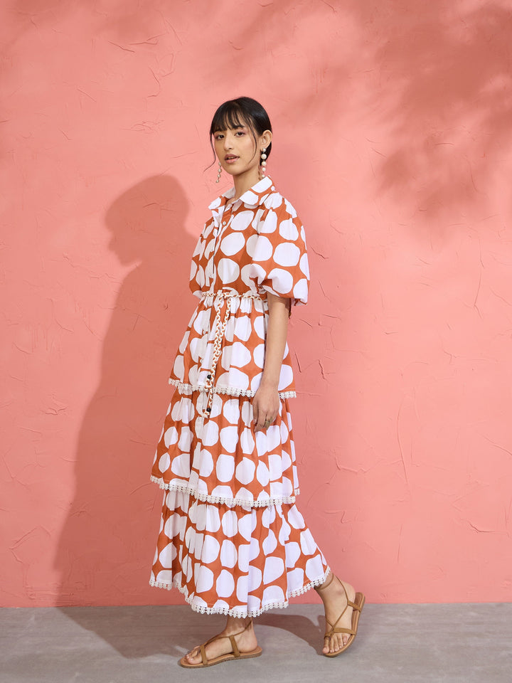 Women Brown &amp; White Polka Dot Frill Tiered Button Down Midi Dress