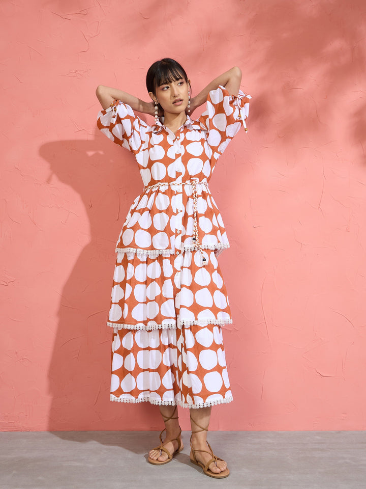 Women Brown &amp; White Polka Dot Frill Tiered Button Down Midi Dress