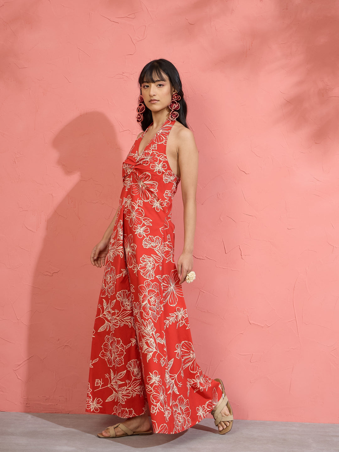 Women Red Poplin Floral Halter Neck Maxi Dress