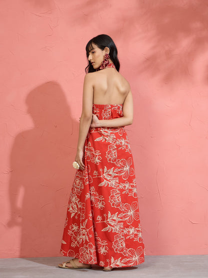 Women Red Poplin Floral Halter Neck Maxi Dress