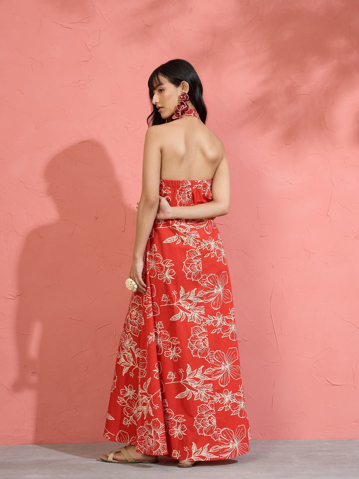 Women Red Poplin Floral Halter Neck Maxi Dress