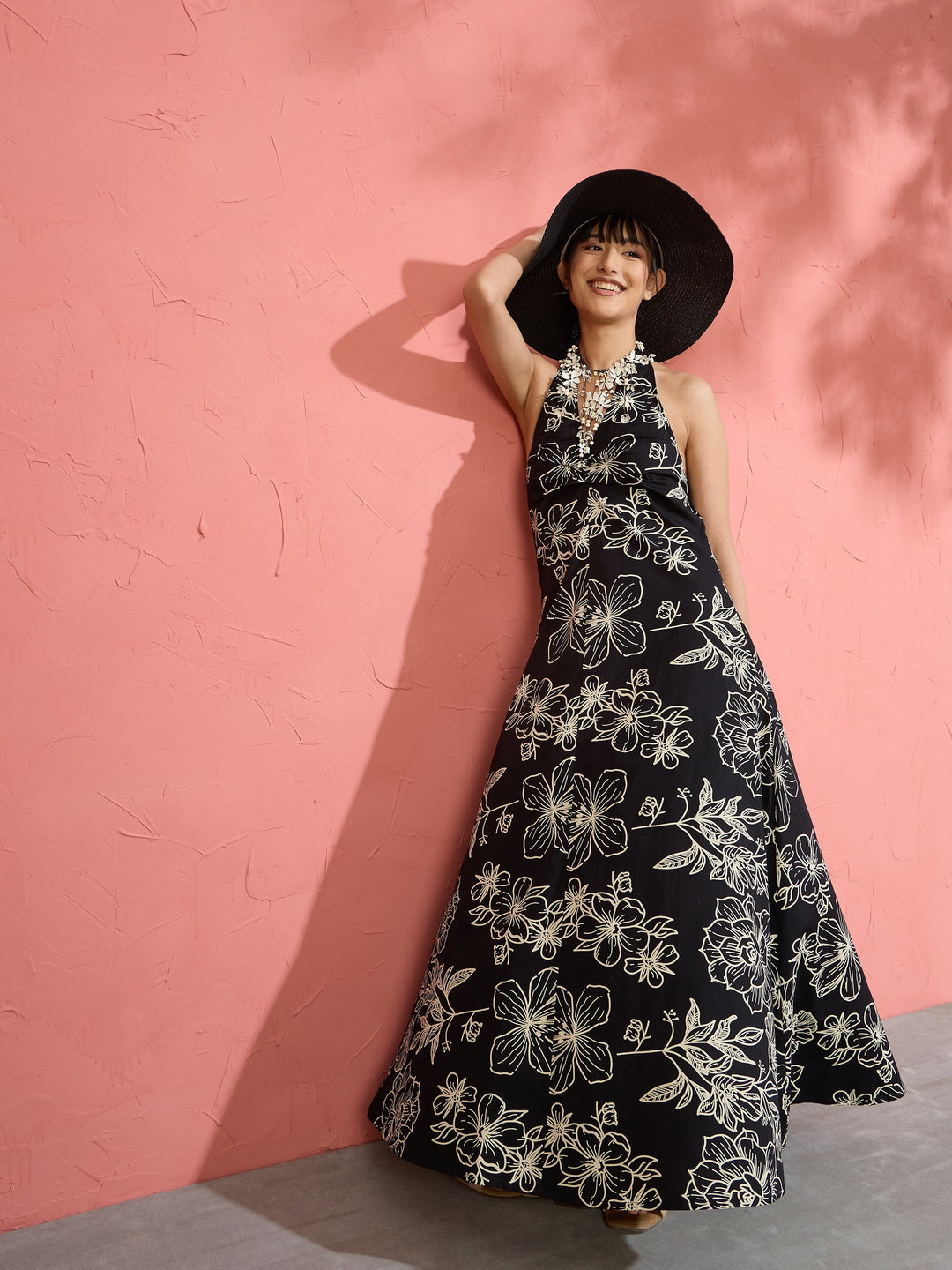 Women Black Poplin Floral Halter Neck Maxi Dress