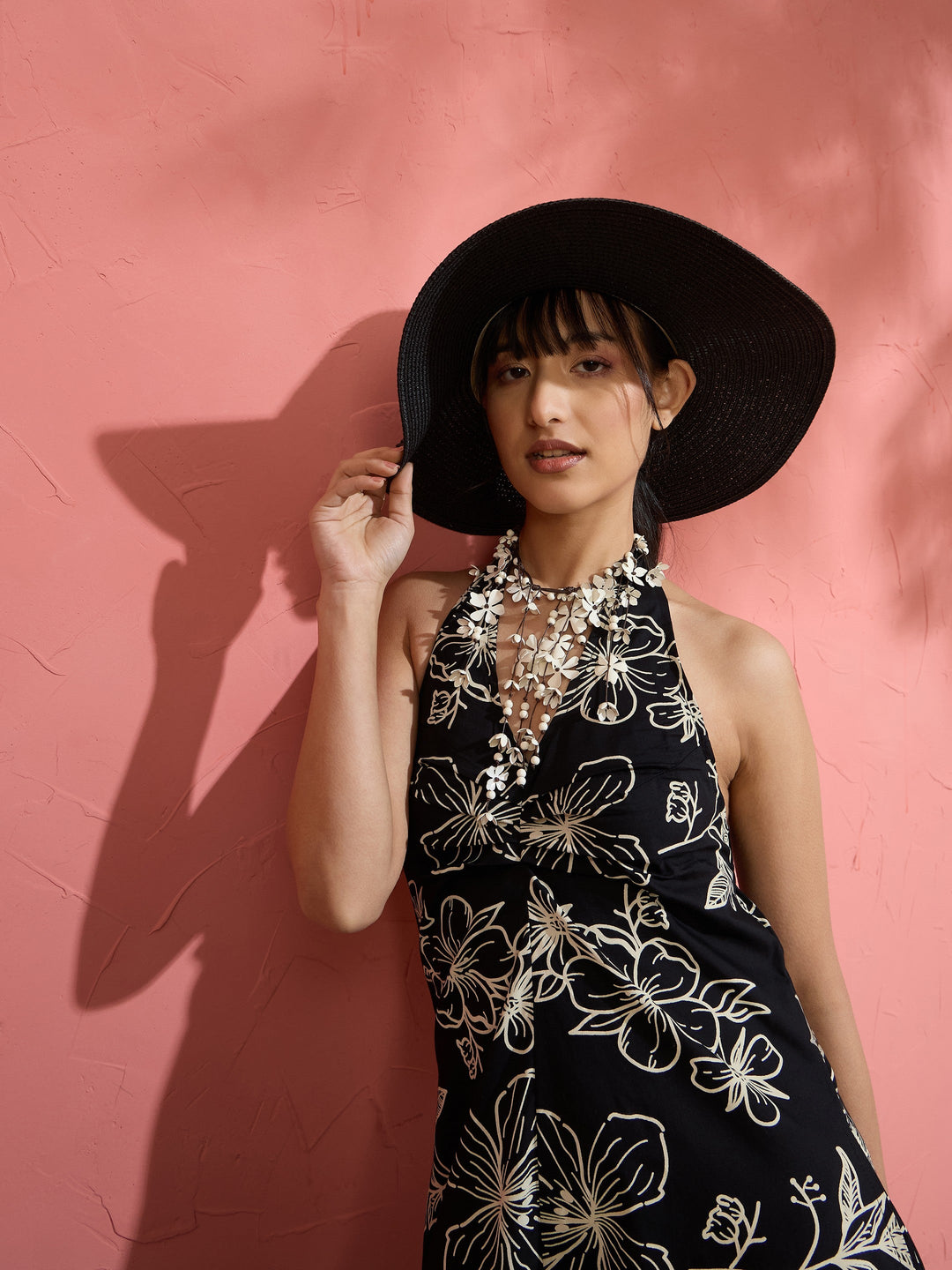 Women Black Poplin Floral Halter Neck Maxi Dress