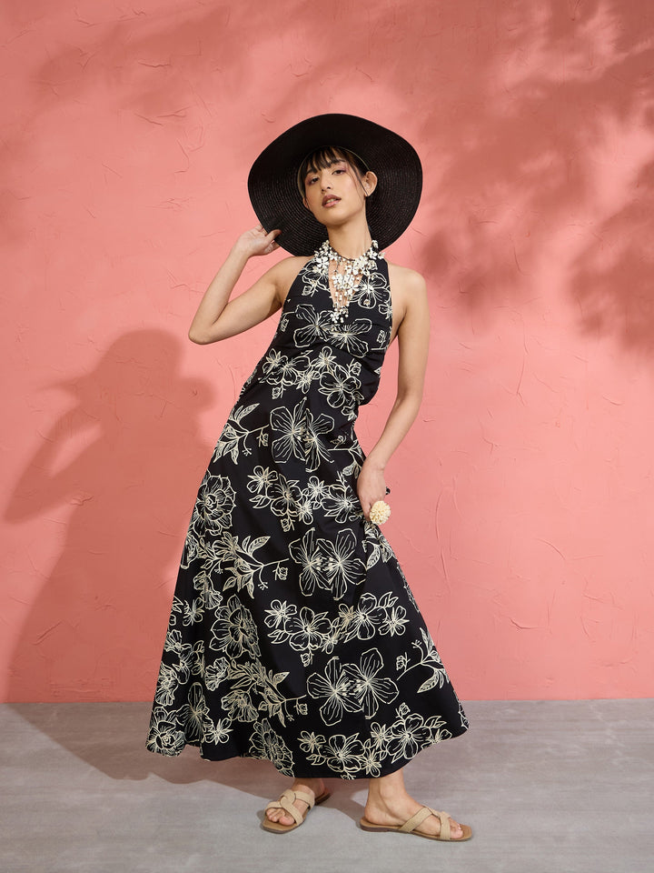 Women Black Poplin Floral Halter Neck Maxi Dress