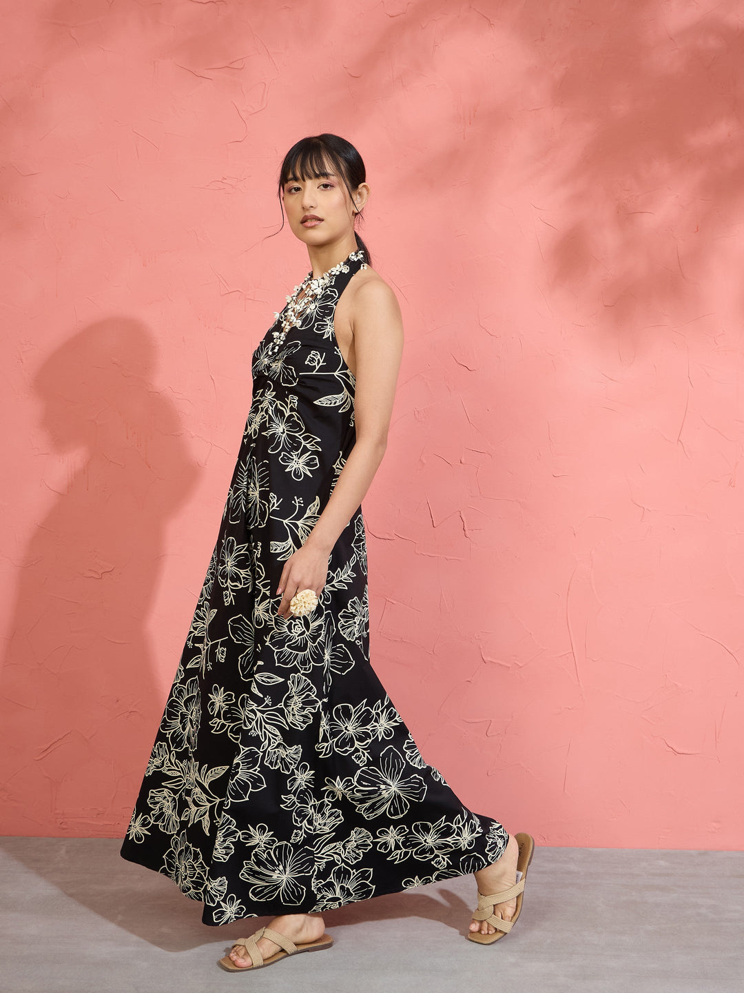 Women Black Poplin Floral Halter Neck Maxi Dress