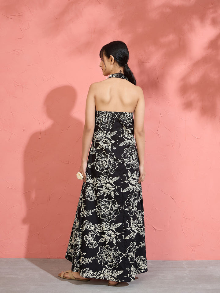 Women Black Poplin Floral Halter Neck Maxi Dress