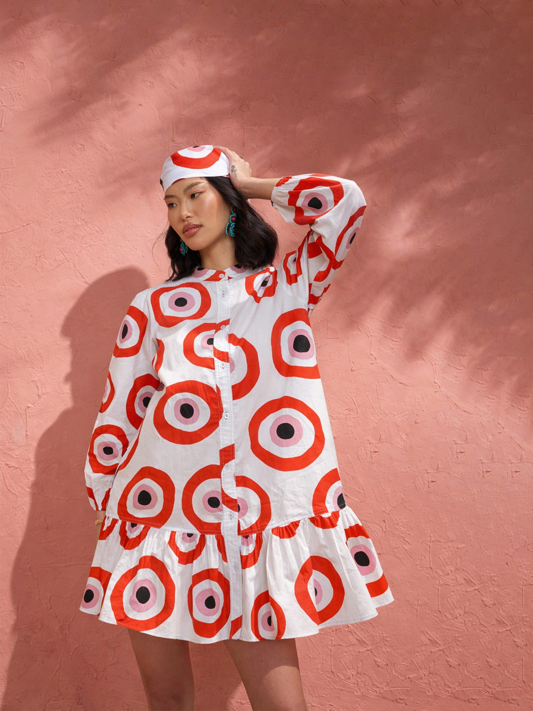 Women Red Evil Eye Print Shirt Dress