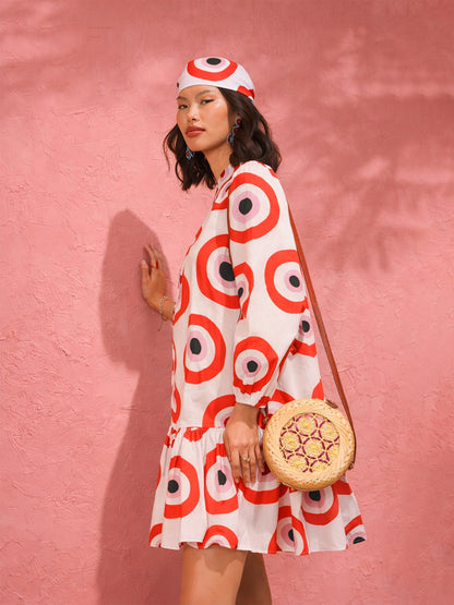Women Red Evil Eye Print Shirt Dress