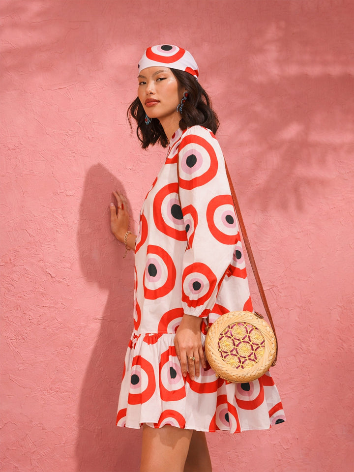Women Red Evil Eye Print Shirt Dress