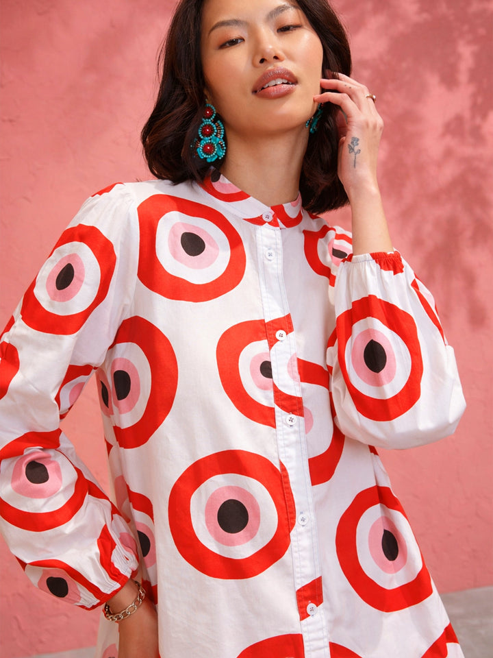 Women Red Evil Eye Print Shirt Dress