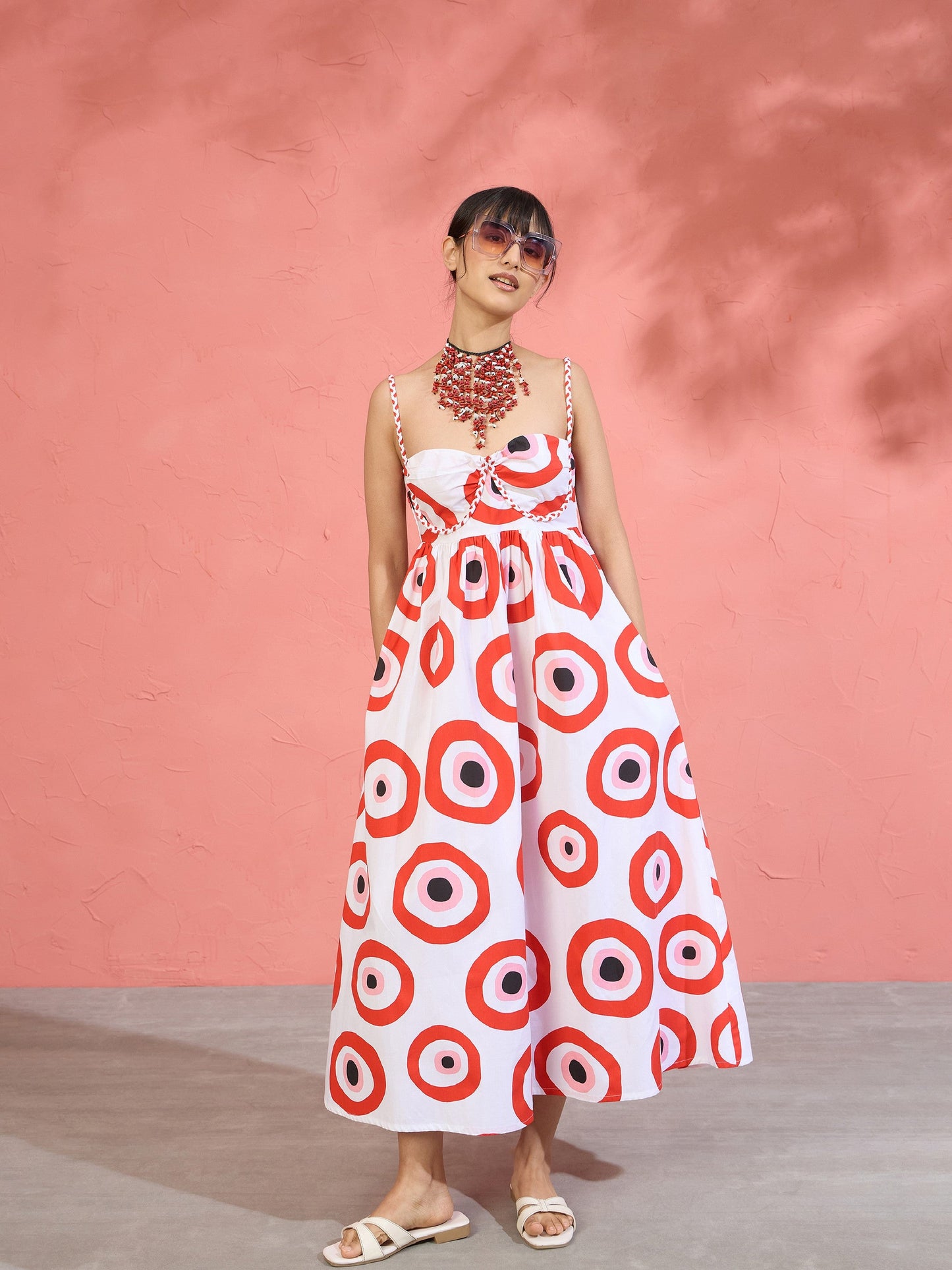 Women Red Evil Eye Print Strappy Midi Dress