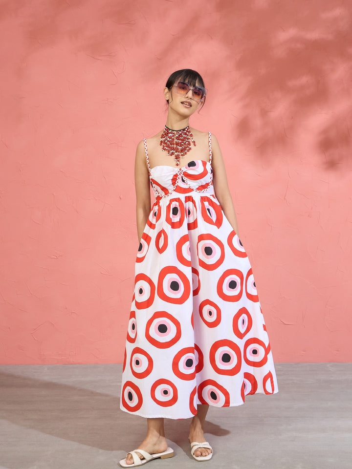 Women Red Evil Eye Print Strappy Midi Dress