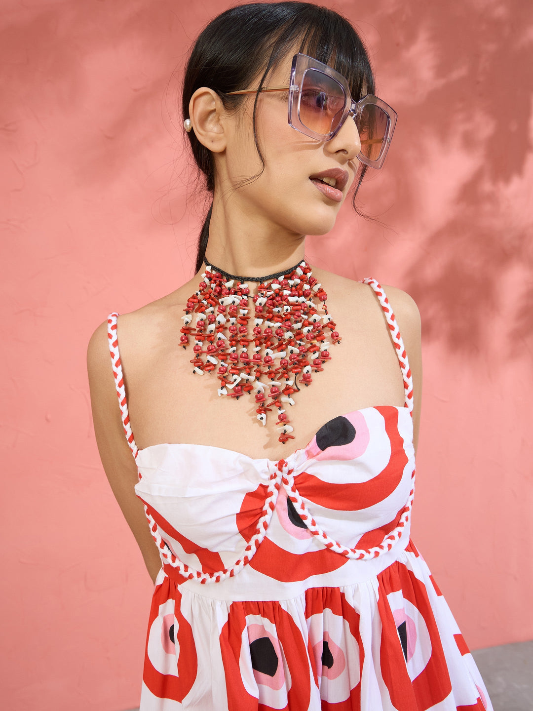 Women Red Evil Eye Print Strappy Midi Dress