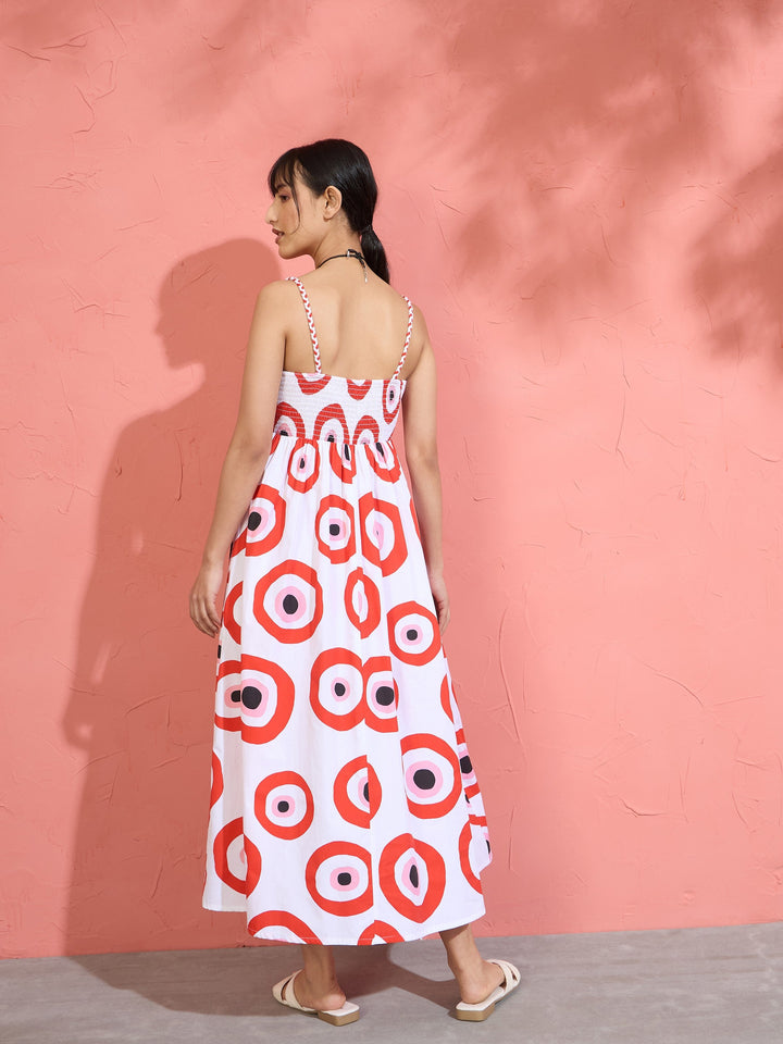 Women Red Evil Eye Print Strappy Midi Dress