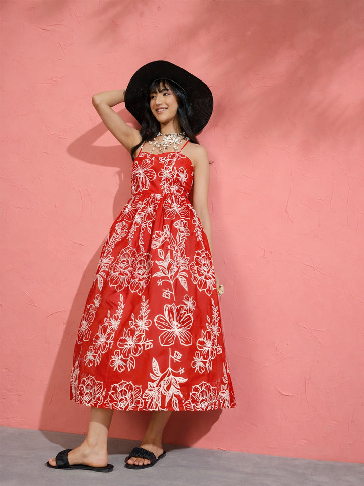 Women Red Poplin Floral Strappy Back Tie Midi Dress