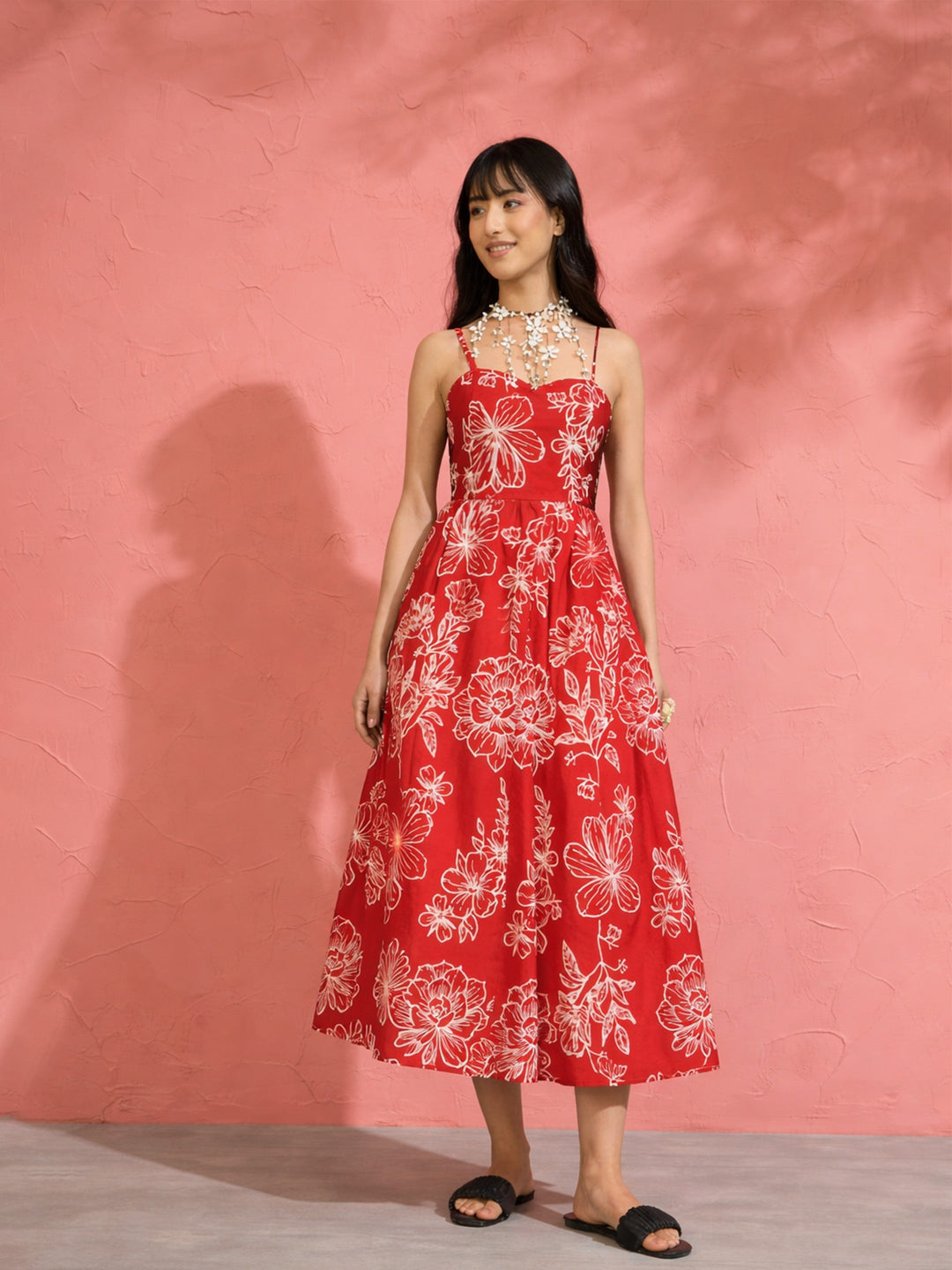Women Red Poplin Floral Strappy Back Tie Midi Dress
