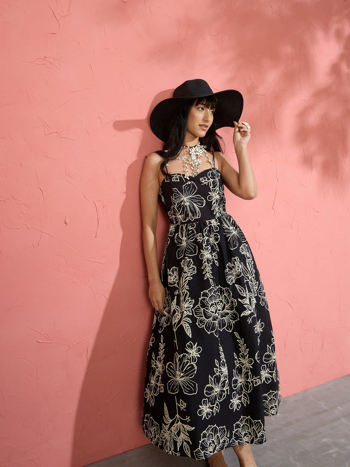 Women Black Poplin Floral Strappy Back Tie Midi Dress