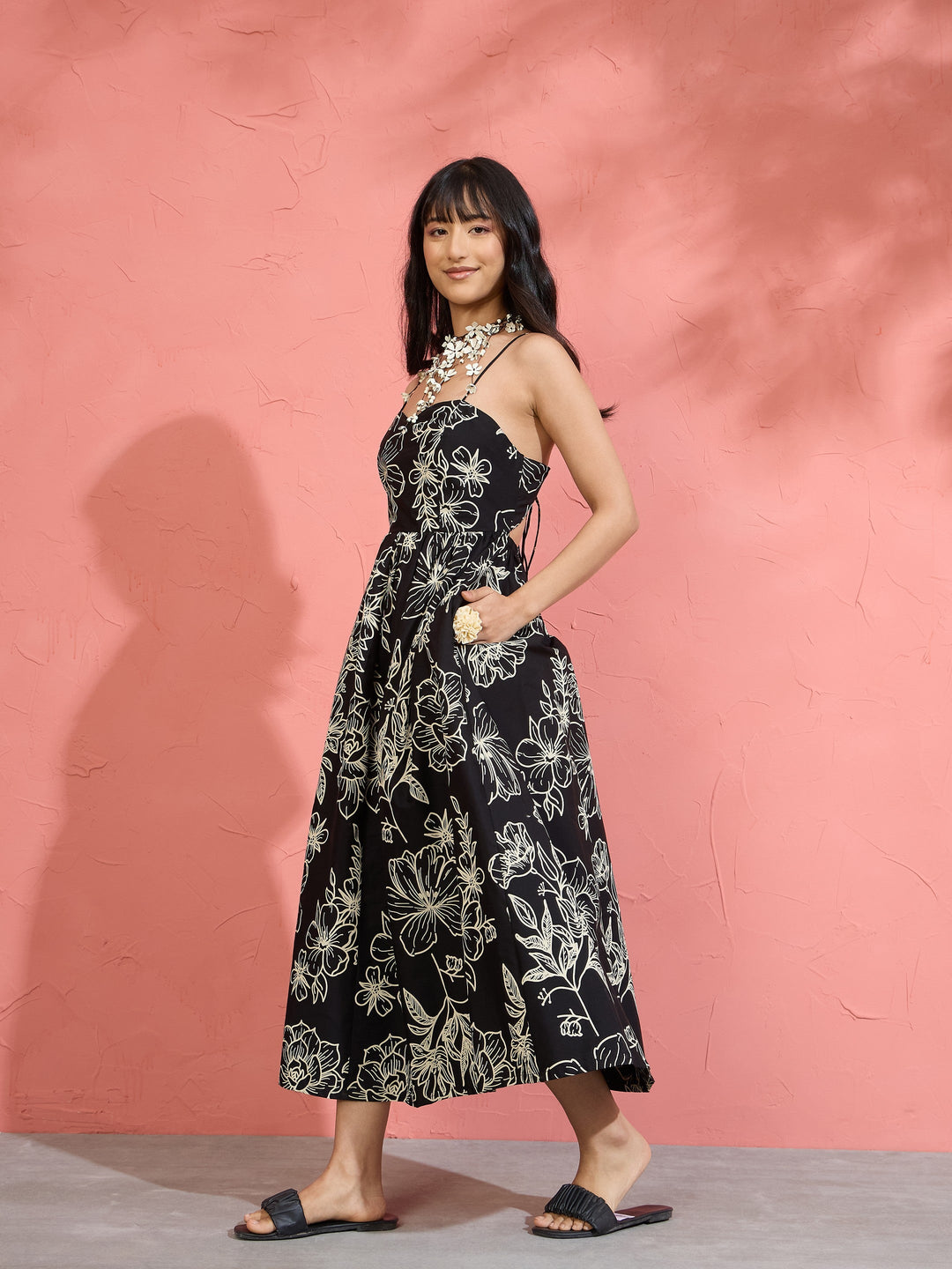 Women Black Poplin Floral Strappy Back Tie Midi Dress