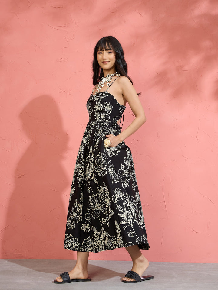 Women Black Poplin Floral Strappy Back Tie Midi Dress