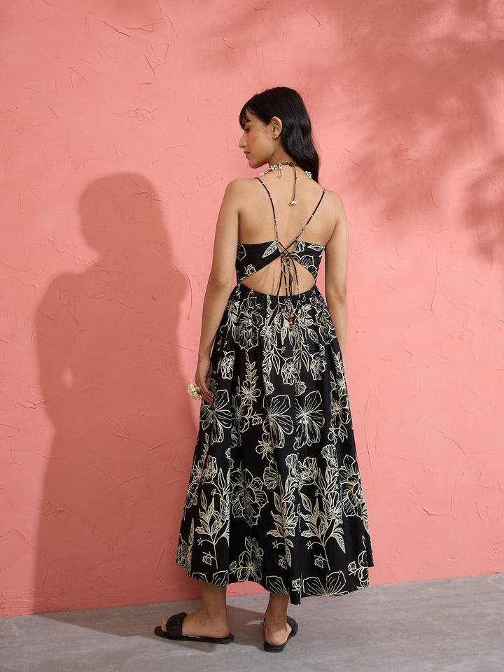 Women Black Poplin Floral Strappy Back Tie Midi Dress