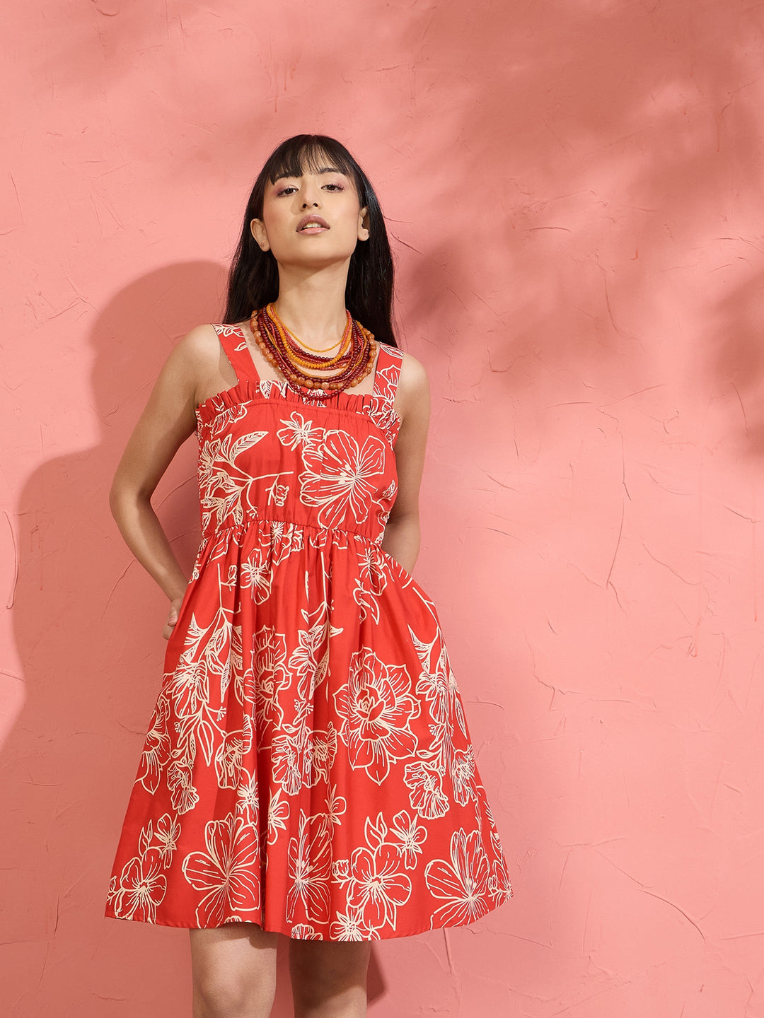 Women Red Poplin Floral Ruffle Neck Smocked Skater Dress
