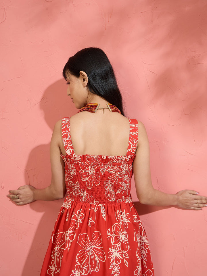 Women Red Poplin Floral Ruffle Neck Smocked Skater Dress