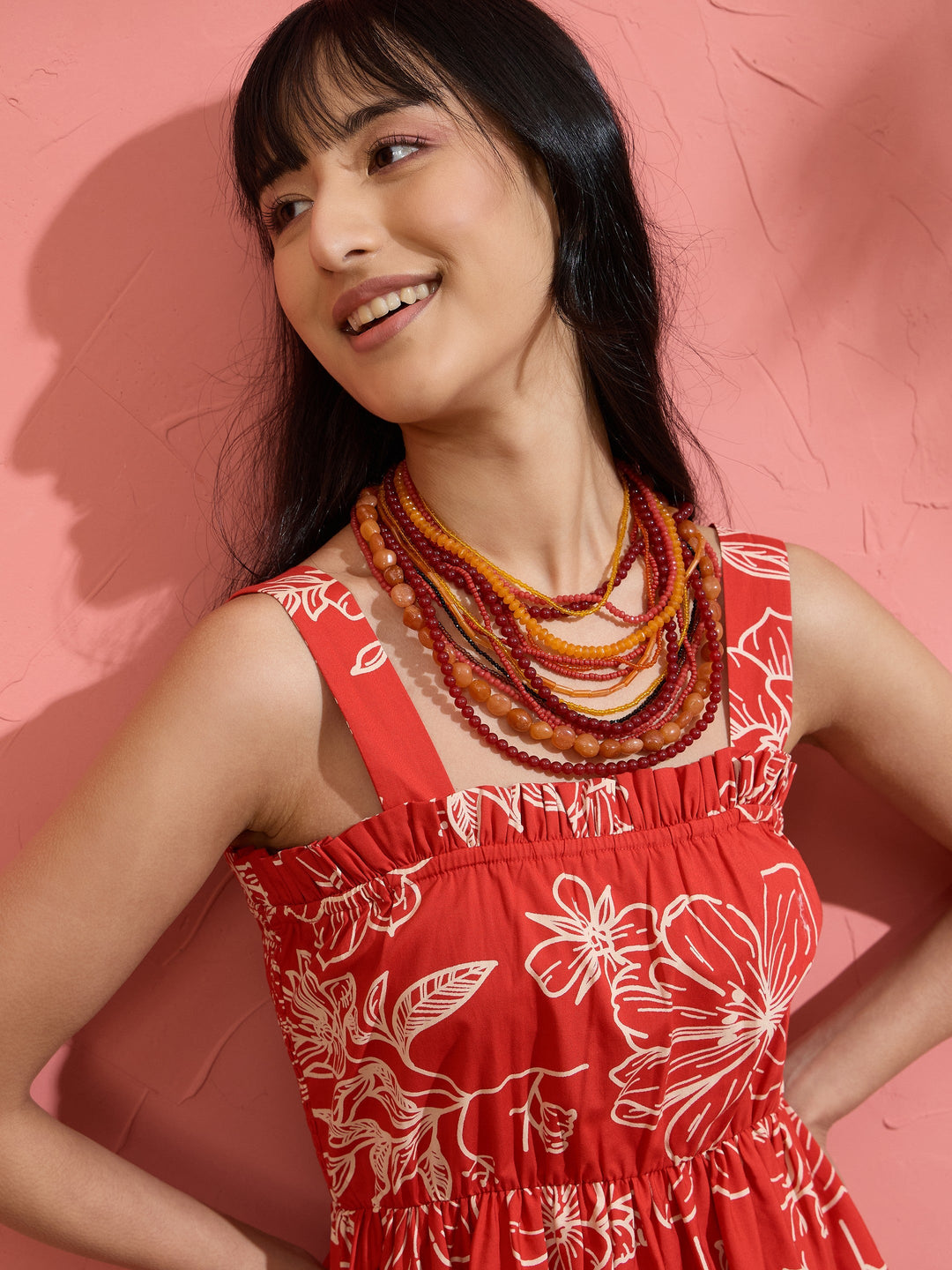 Women Red Poplin Floral Ruffle Neck Smocked Skater Dress