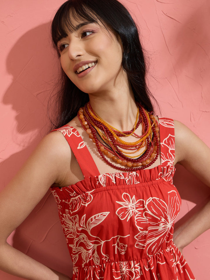 Women Red Poplin Floral Ruffle Neck Smocked Skater Dress