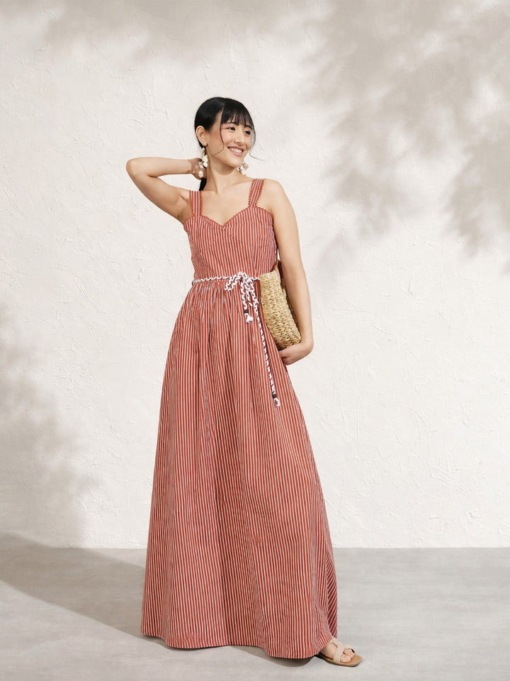 Women Brown Pin Stripe Maxi Dress