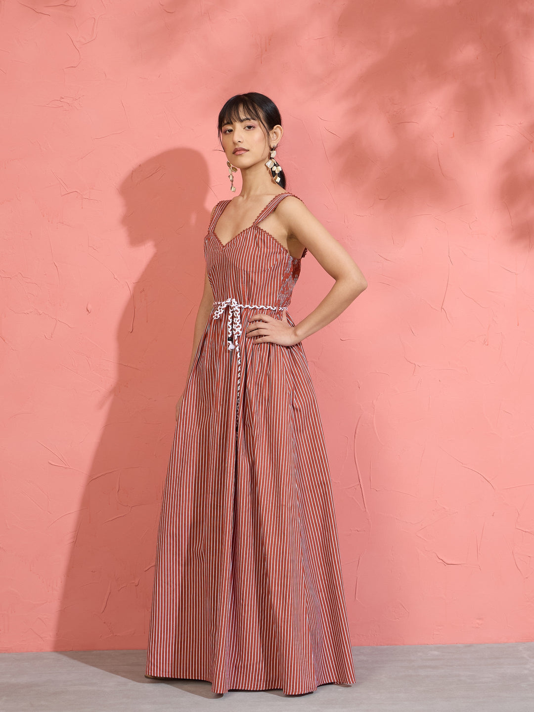 Women Brown Pin Stripe Maxi Dress