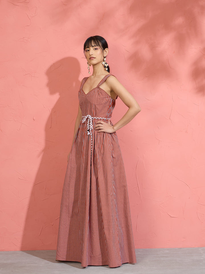 Women Brown Pin Stripe Maxi Dress