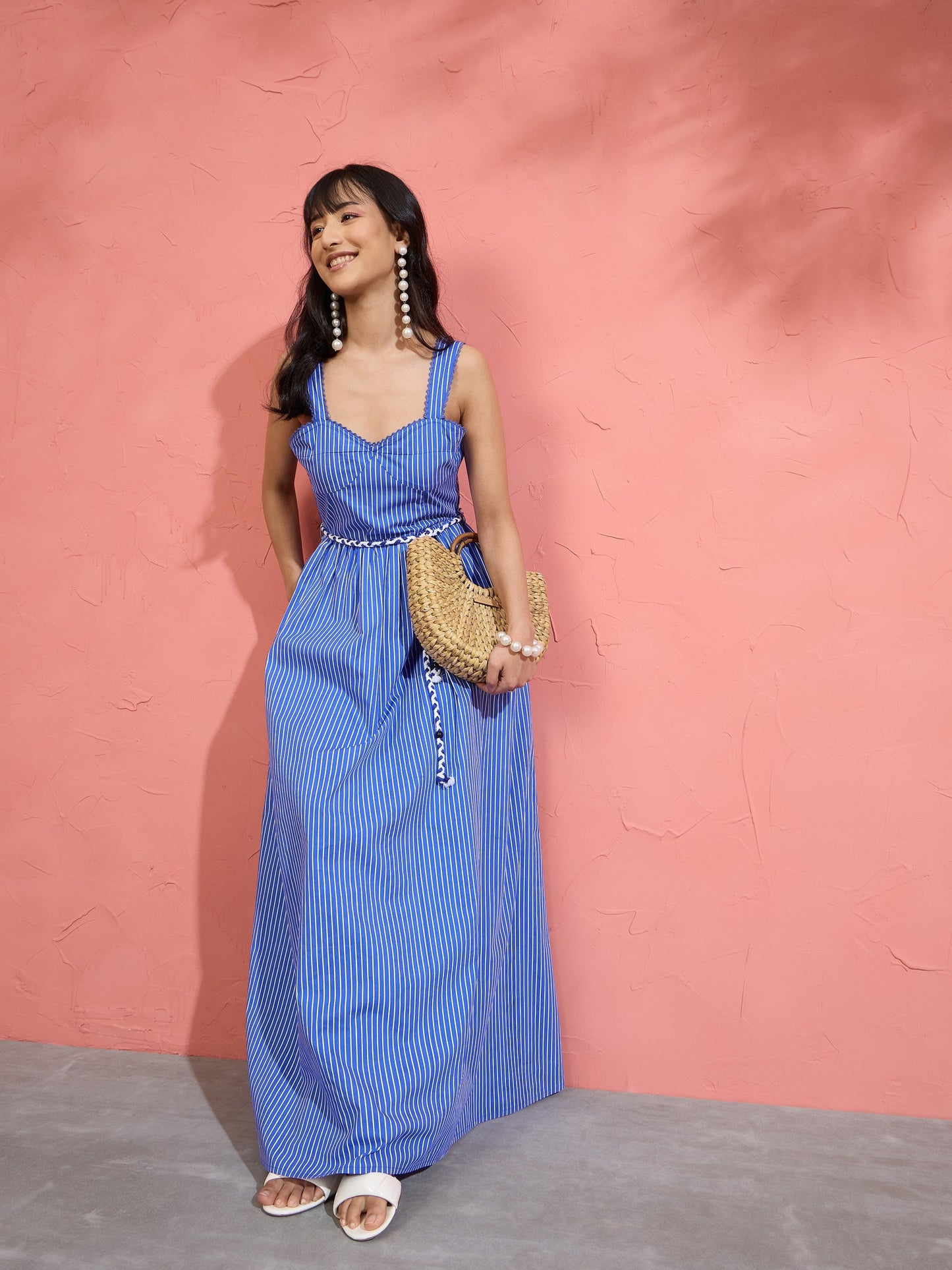 Women Blue Pin Stripe Maxi Dress