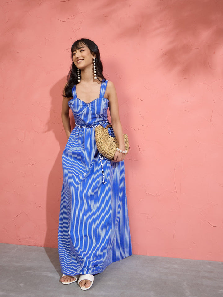 Women Blue Pin Stripe Maxi Dress