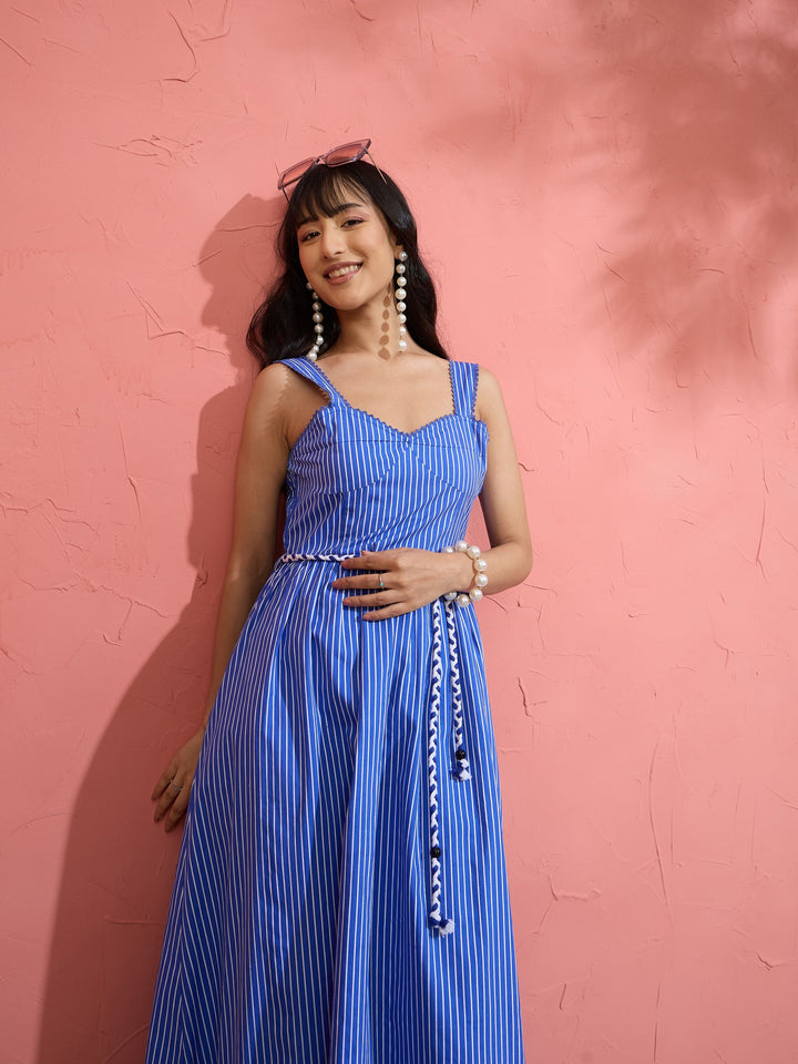 Women Blue Pin Stripe Maxi Dress