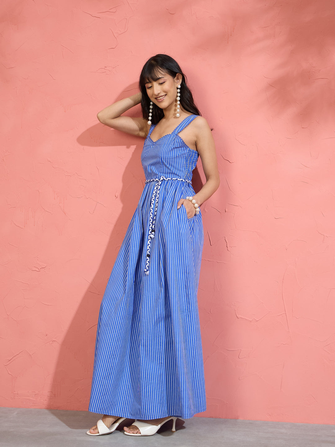 Women Blue Pin Stripe Maxi Dress
