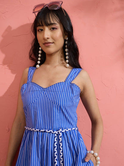 Women Blue Pin Stripe Maxi Dress