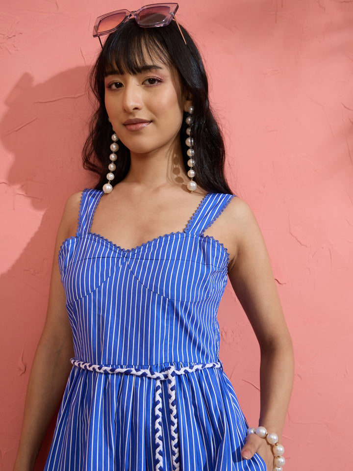 Women Blue Pin Stripe Maxi Dress