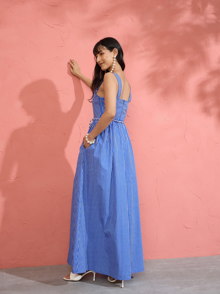 Women Blue Pin Stripe Maxi Dress