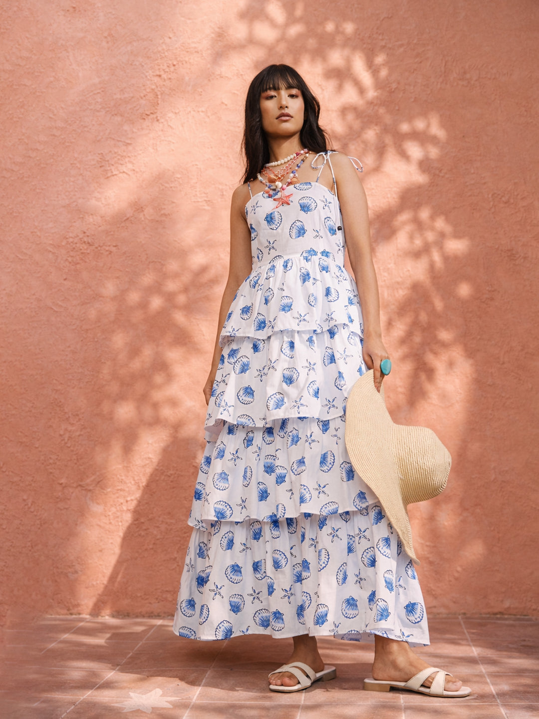 Women White &amp; Blue Printed Frill Strappy Maxi Dress