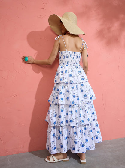 Women White & Blue Printed Frill Strappy Maxi Dress