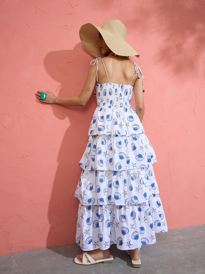 Women White &amp; Blue Printed Frill Strappy Maxi Dress