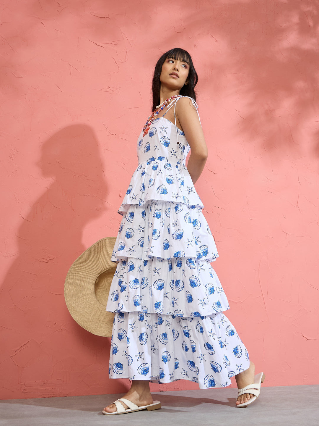 Women White &amp; Blue Printed Frill Strappy Maxi Dress