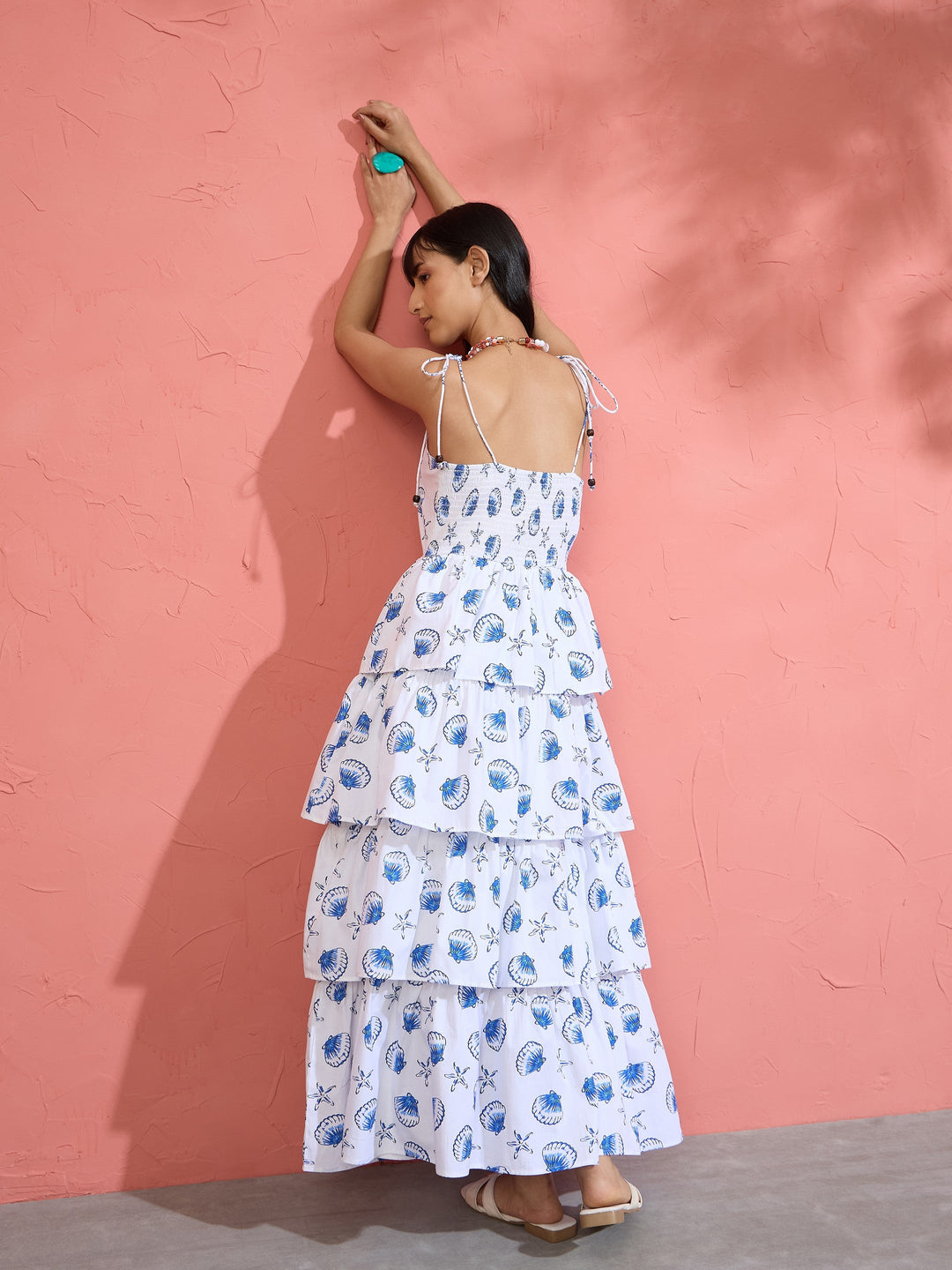 Women White &amp; Blue Printed Frill Strappy Maxi Dress