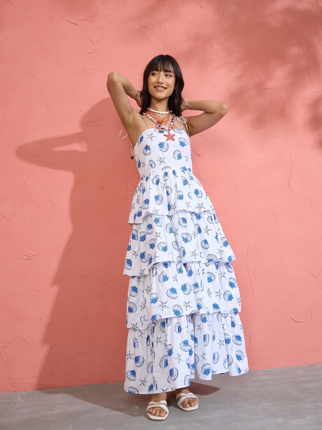 Women White &amp; Blue Printed Frill Strappy Maxi Dress