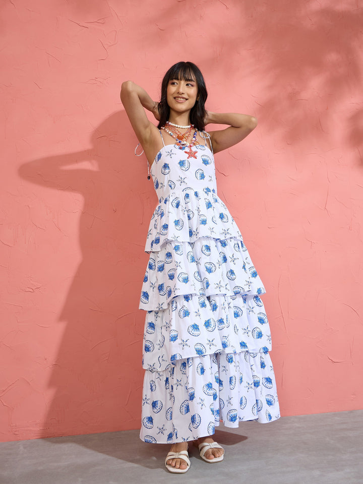 Women White &amp; Blue Printed Frill Strappy Maxi Dress