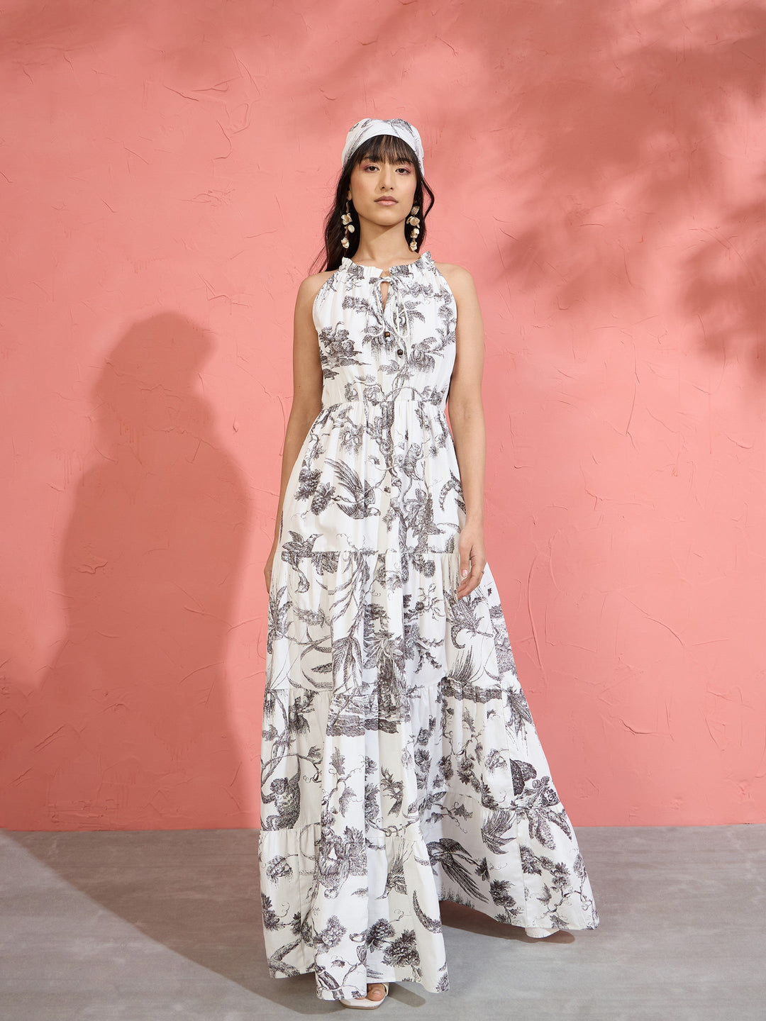 Women Black &amp; White Floral Halter Neck Tiered Maxi