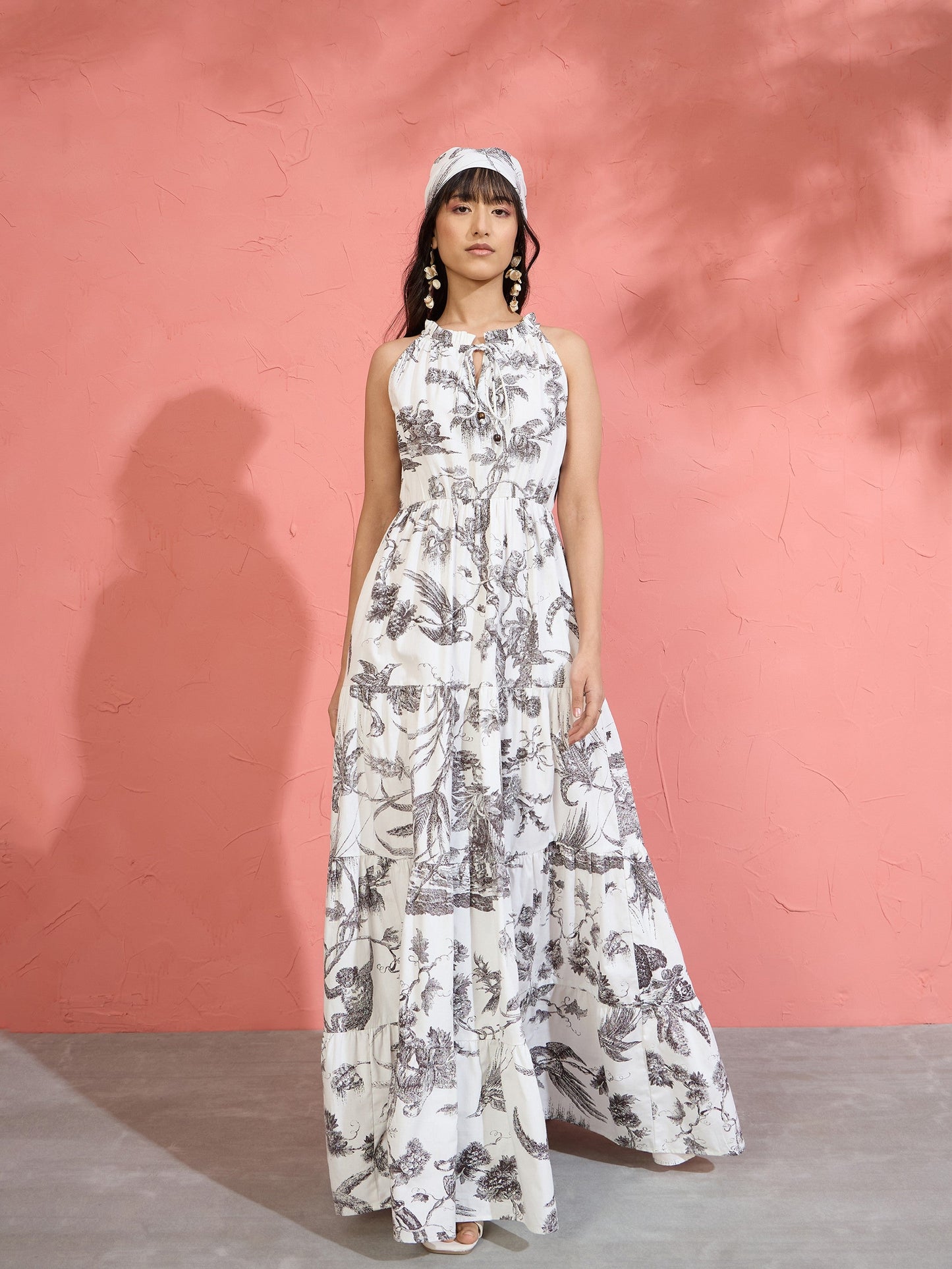 Women Black & White Floral Halter Neck Tiered Maxi