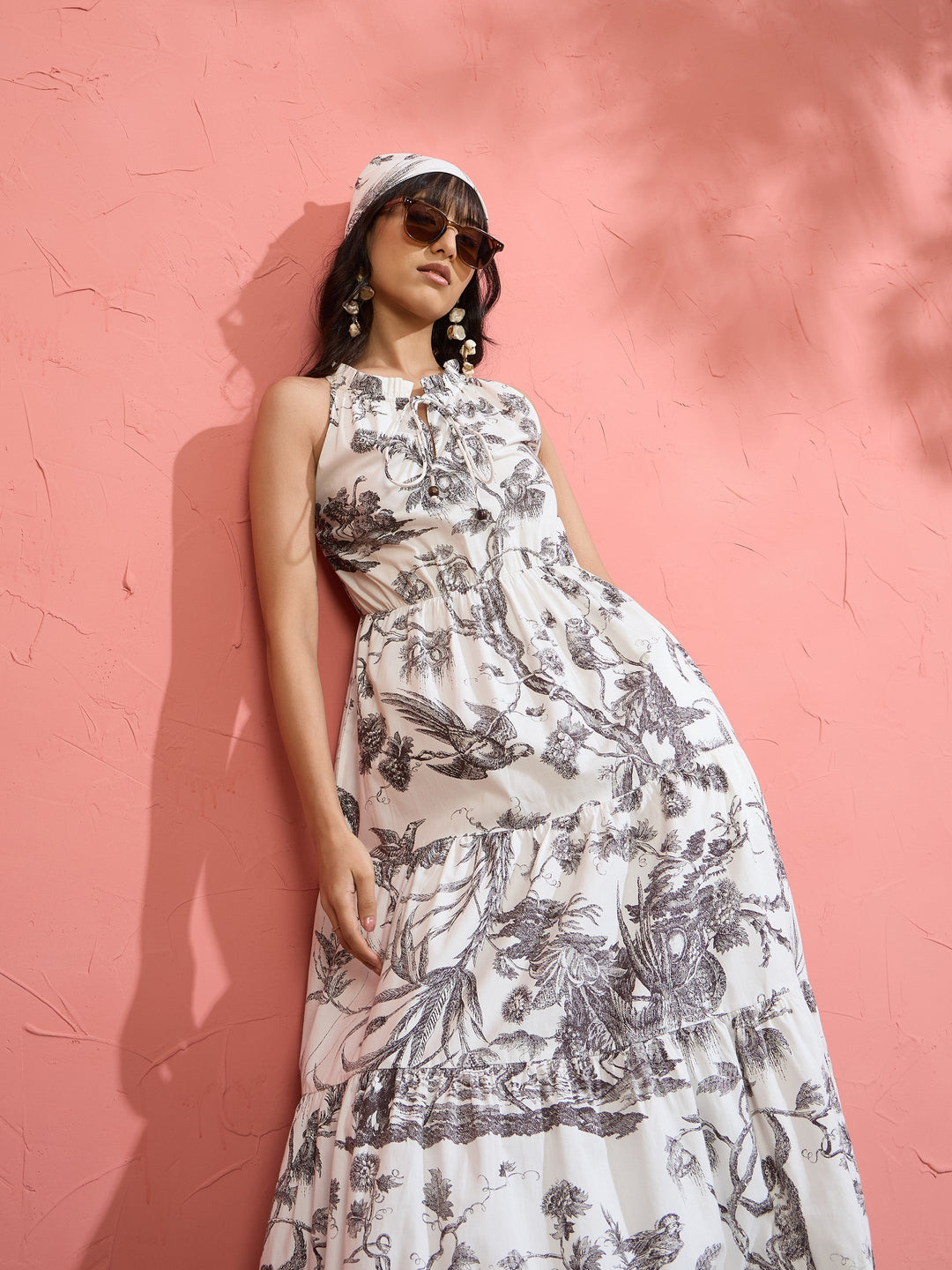 Women Black &amp; White Floral Halter Neck Tiered Maxi