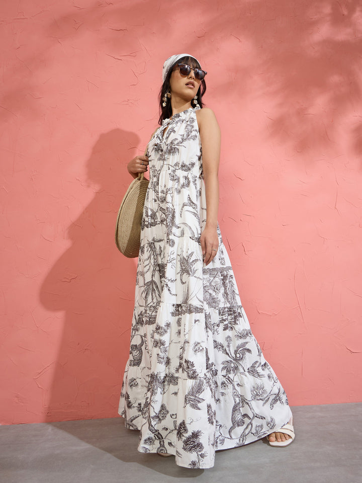 Women Black &amp; White Floral Halter Neck Tiered Maxi