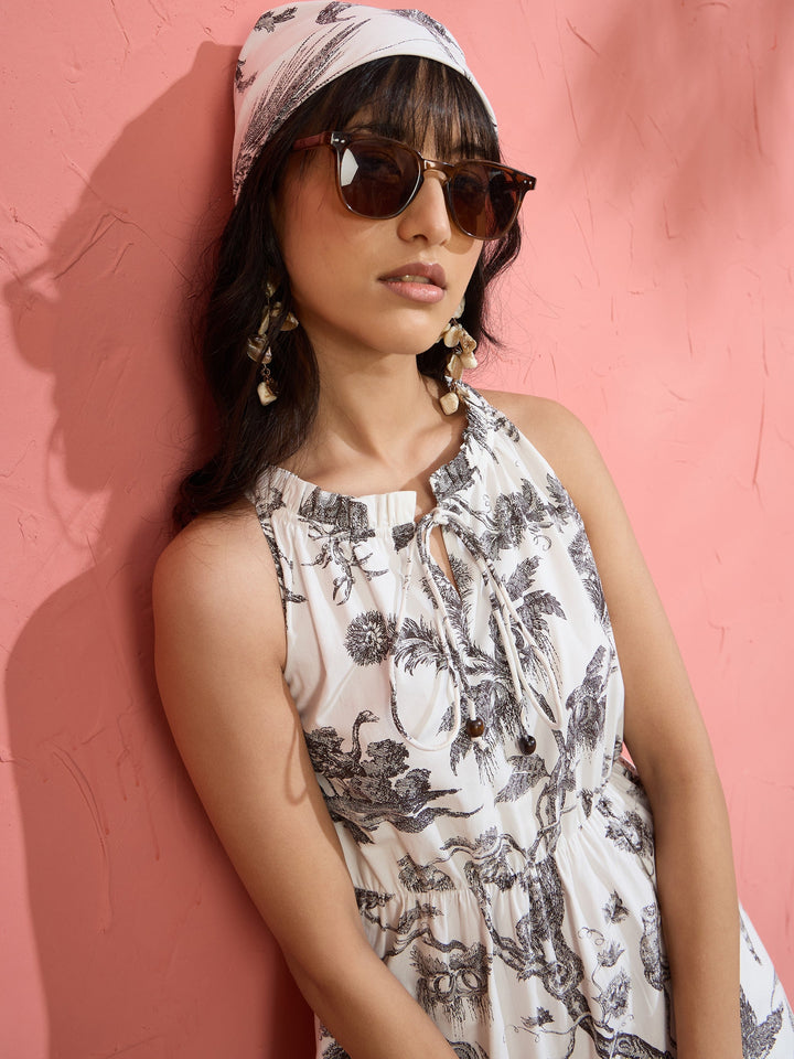 Women Black &amp; White Floral Halter Neck Tiered Maxi